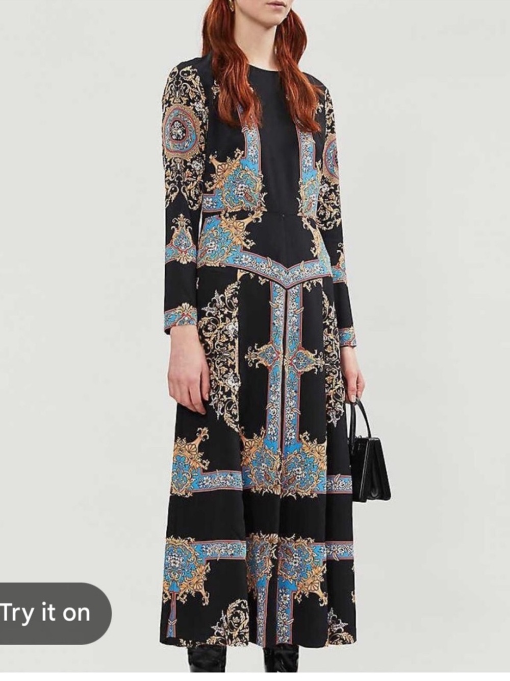 Sandro Black Maxi Dress with Blue and Gold Baroque Print